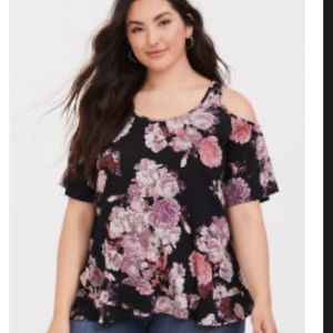 Black floral cold shoulder super soft top